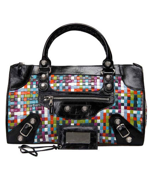 Balenciaga Grande Multicolor Woven Bag in Pelle Nera